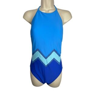 GOTTEX Swimsuit Sz 12 Multicolor Blue Colorblock Chevron High Neck 1 Piece Beach